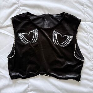 SHEIN Black Velvet Crop Top with Heart Skeleton Design